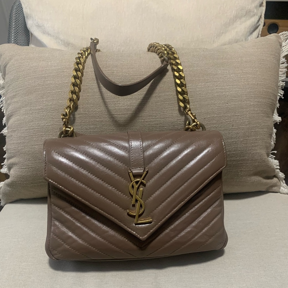 Yves Saint Laurent Tan Quilted Shoulder Bag with Gold Chain